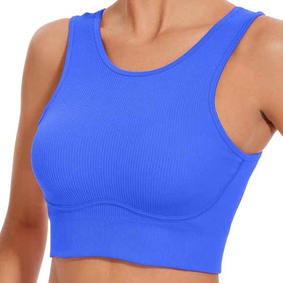 Women's Blue Backless Ribbed Sports Bra - Picture 2 of 9